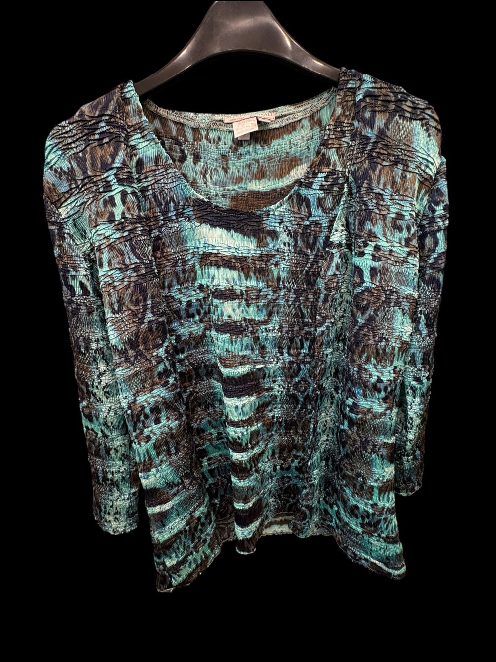 Alberto Makali Turquoise Black Crinkle Plisse Stretch Top Size S